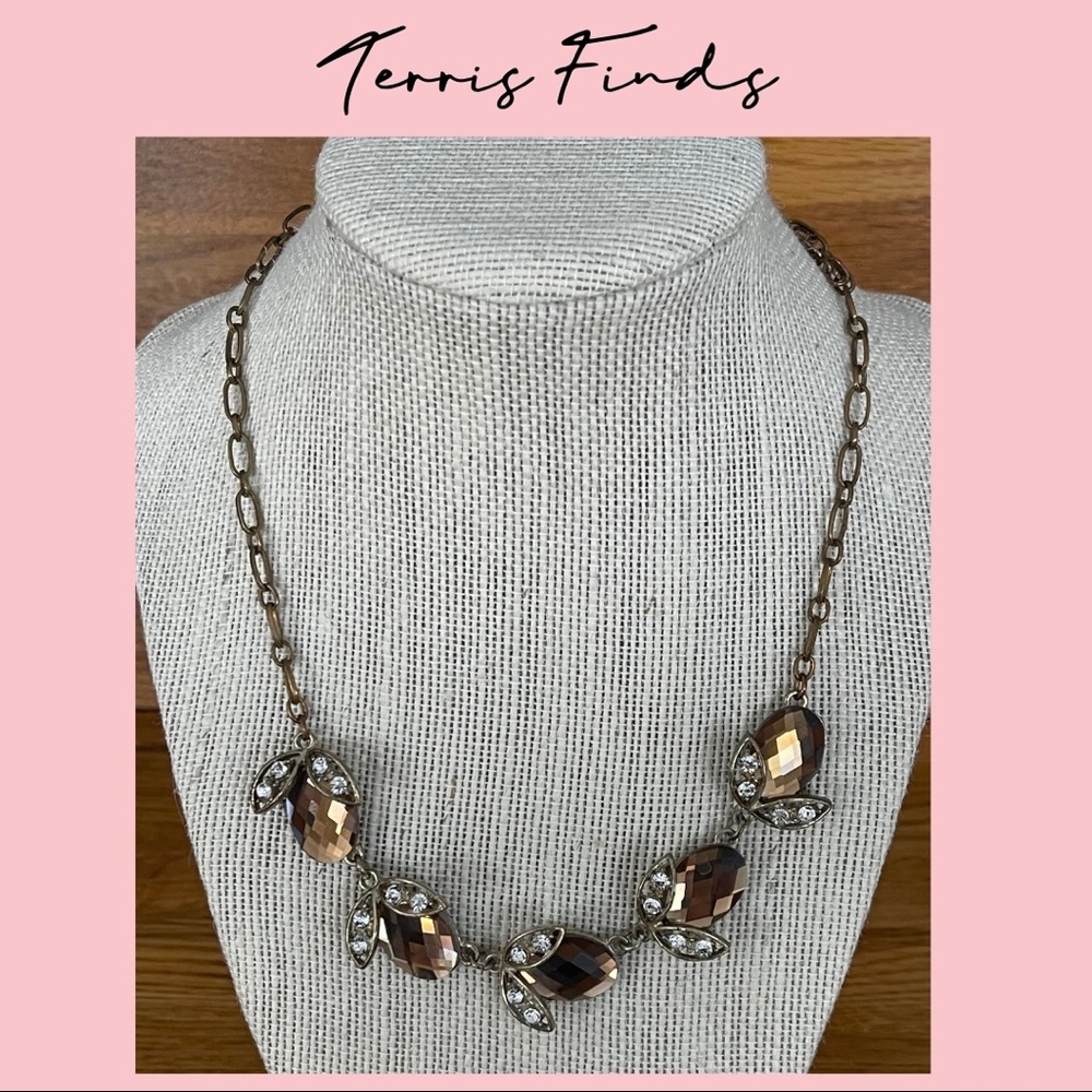 Vintage Glass Amber and Rhinestones Necklace